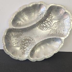 Vintage MCM Forman Family Metal Hammered Stamped Floral Divided Serving Tray